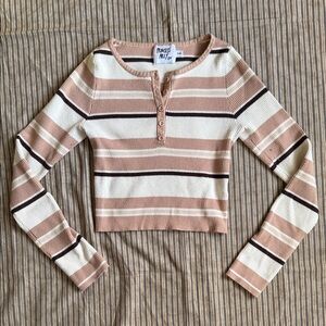 Princess Polly White and Brown Small Striped Long Sleeve Crop Top